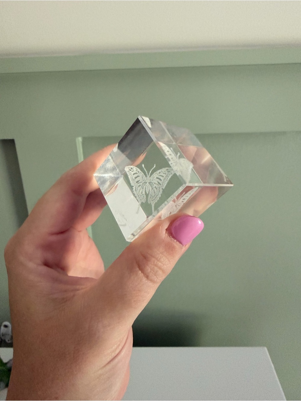 Clear Glass Cube Paperweight with Etched Butterfly Design, Decorative